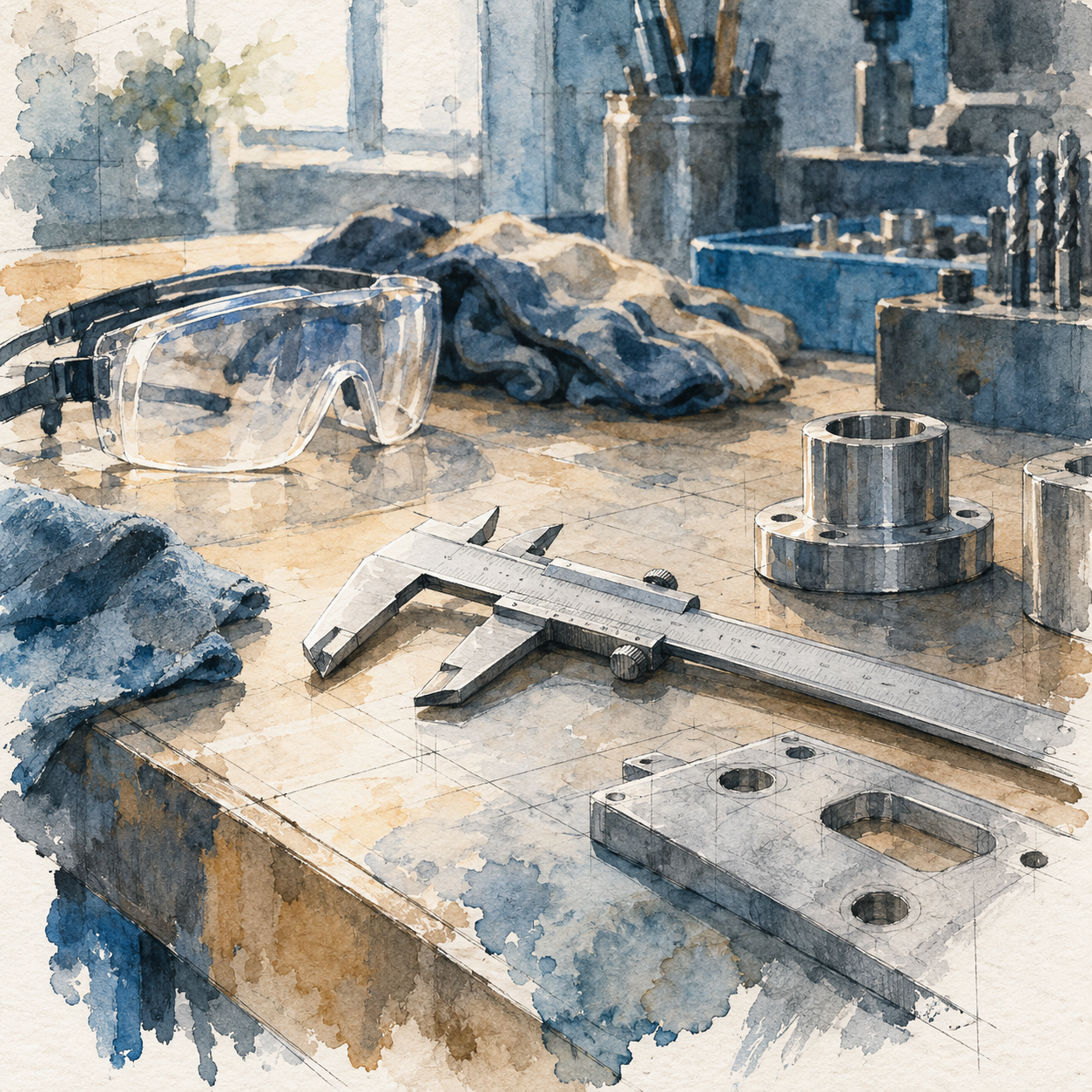 Illustration of light manufacturing workshop: an assembly bench, measuring calipers, protective equipment