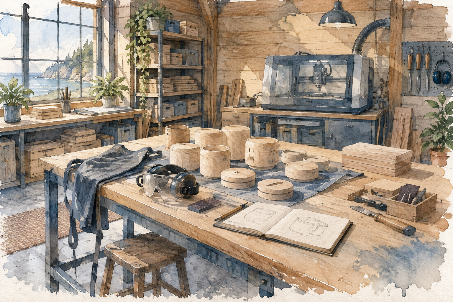 Illustration of light manufacturing workshop: protective equipment, finished unbranded components, a closed compact machine