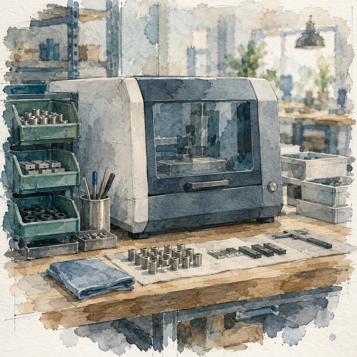 Illustration of light manufacturing workshop: a closed compact machine, organized materials, an assembly bench